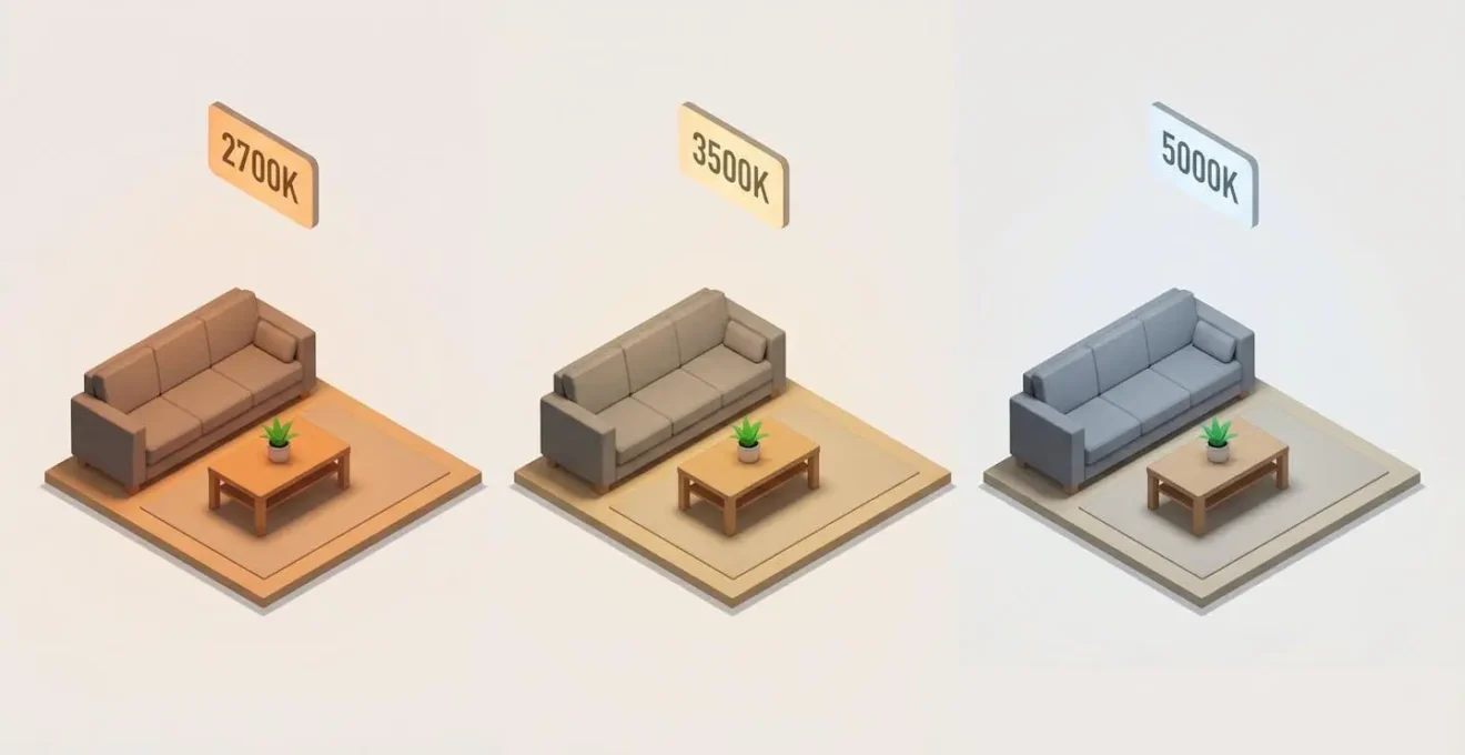 Comparaison visuelle en triptyque d'un salon éclairé à 2700K (lumière chaude orangée), 3500K (lumière dorée équilibrée) et 5000K (lumière froide bleutée)
