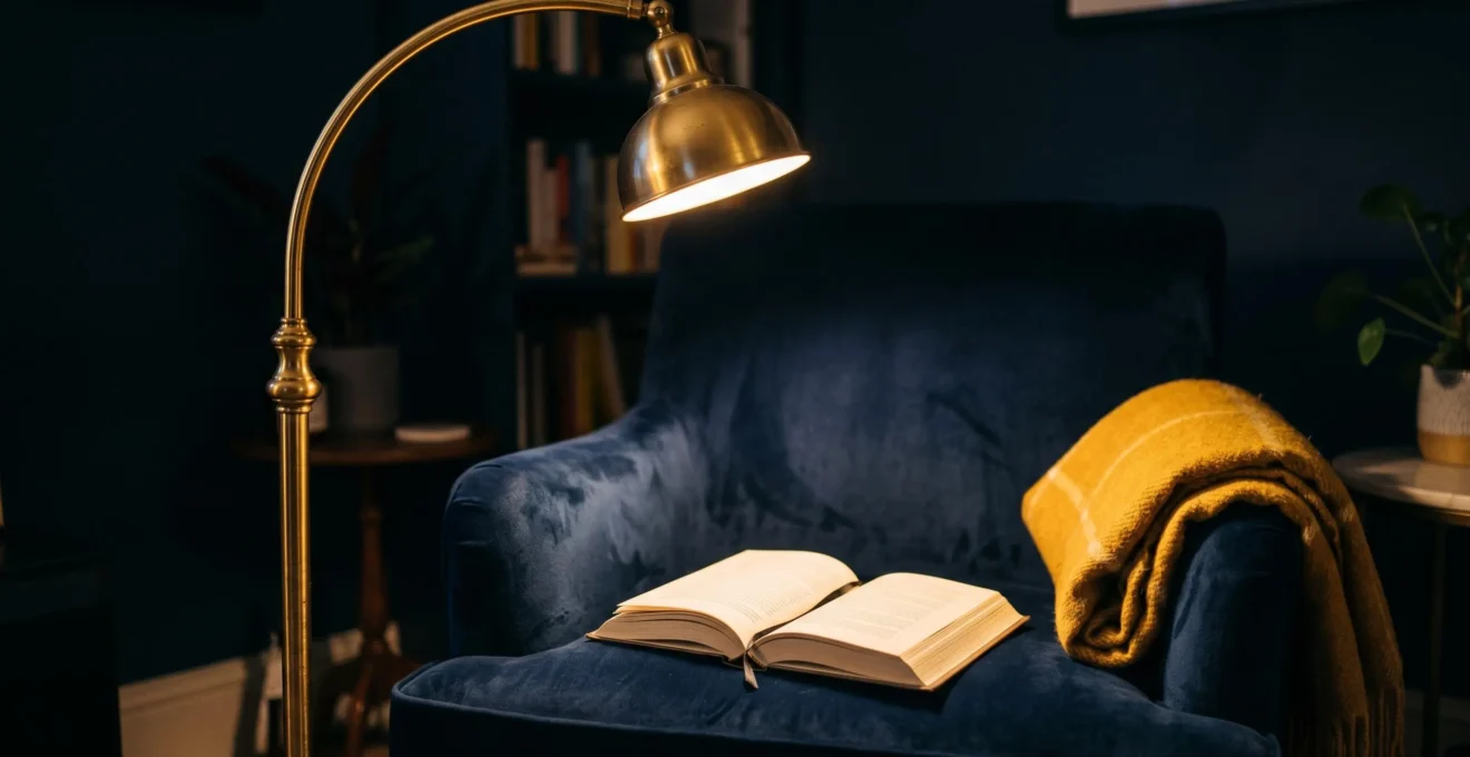 Liseuse à arc doré éclairant un livre ouvert sur un fauteuil en velours bleu, créant un coin lecture intime dans un salon