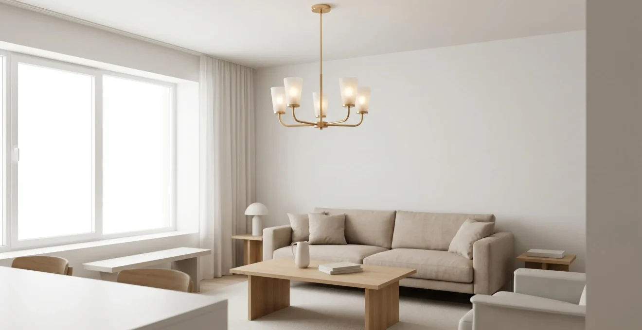 Salon contemporain épuré avec canapé beige et lustre moderne en métal doré suspendu au plafond, baigné de lumière naturelle