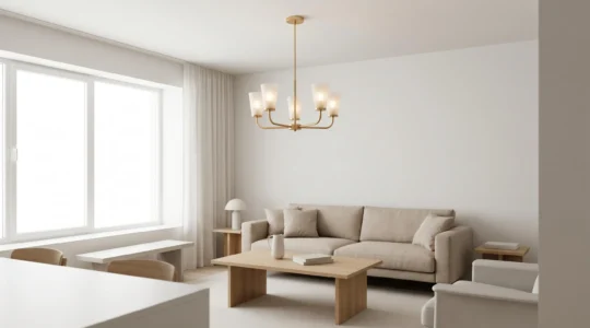 Salon contemporain épuré avec canapé beige et lustre moderne en métal doré suspendu au plafond, baigné de lumière naturelle