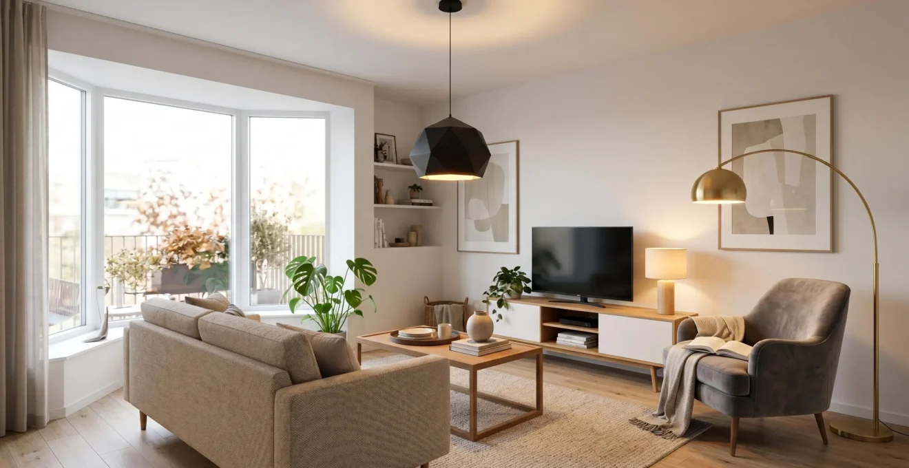 Salon moderne scandinave avec lustre géométrique central, liseuse dorée près d'un fauteuil et lampe d'appoint sur meuble, éclairé par une lumière chaude et naturelle