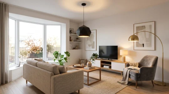 Salon moderne scandinave avec lustre géométrique central, liseuse dorée près d'un fauteuil et lampe d'appoint sur meuble, éclairé par une lumière chaude et naturelle