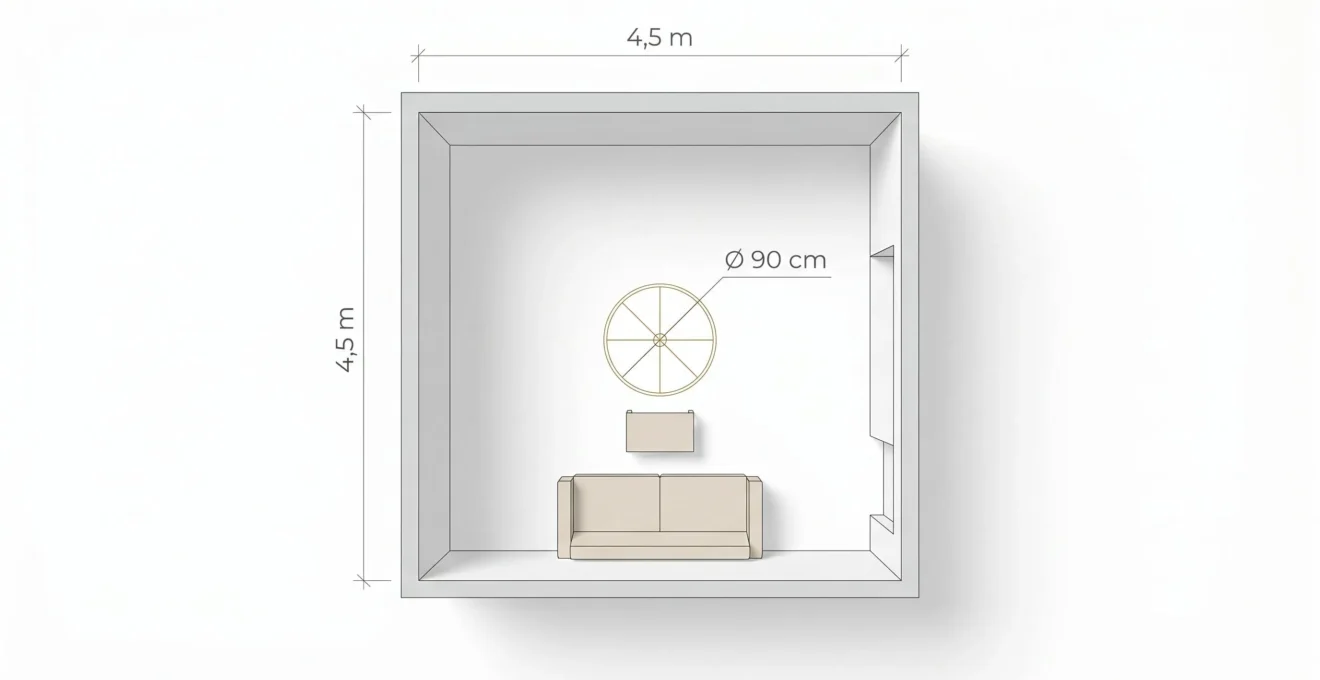Schéma en vue aérienne d'un salon de 4,5 m x 4,5 m avec un lustre de 90 cm de diamètre au centre du plafond