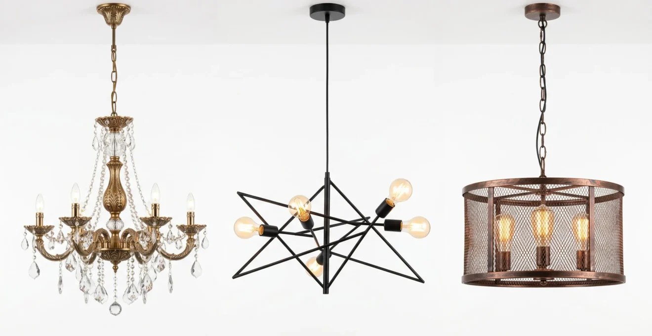 Trois lustres alignés sur fond blanc : un lustre baroque à pampilles de cristal, un lustre contemporain en métal noir, et un lustre industriel en métal vieilli